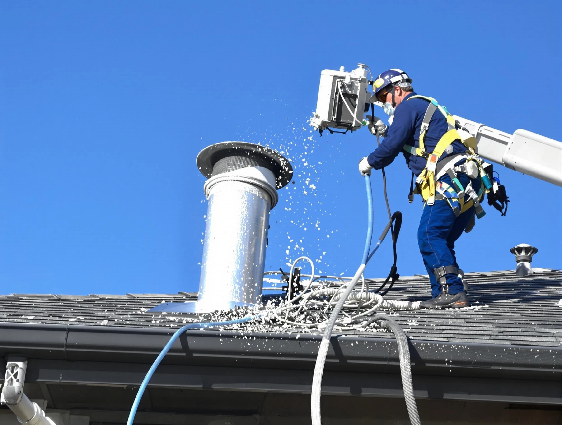 Sandy Dryer Vent Cleaning certified technician safely cleaning a roof-mounted dryer vent in Sandy