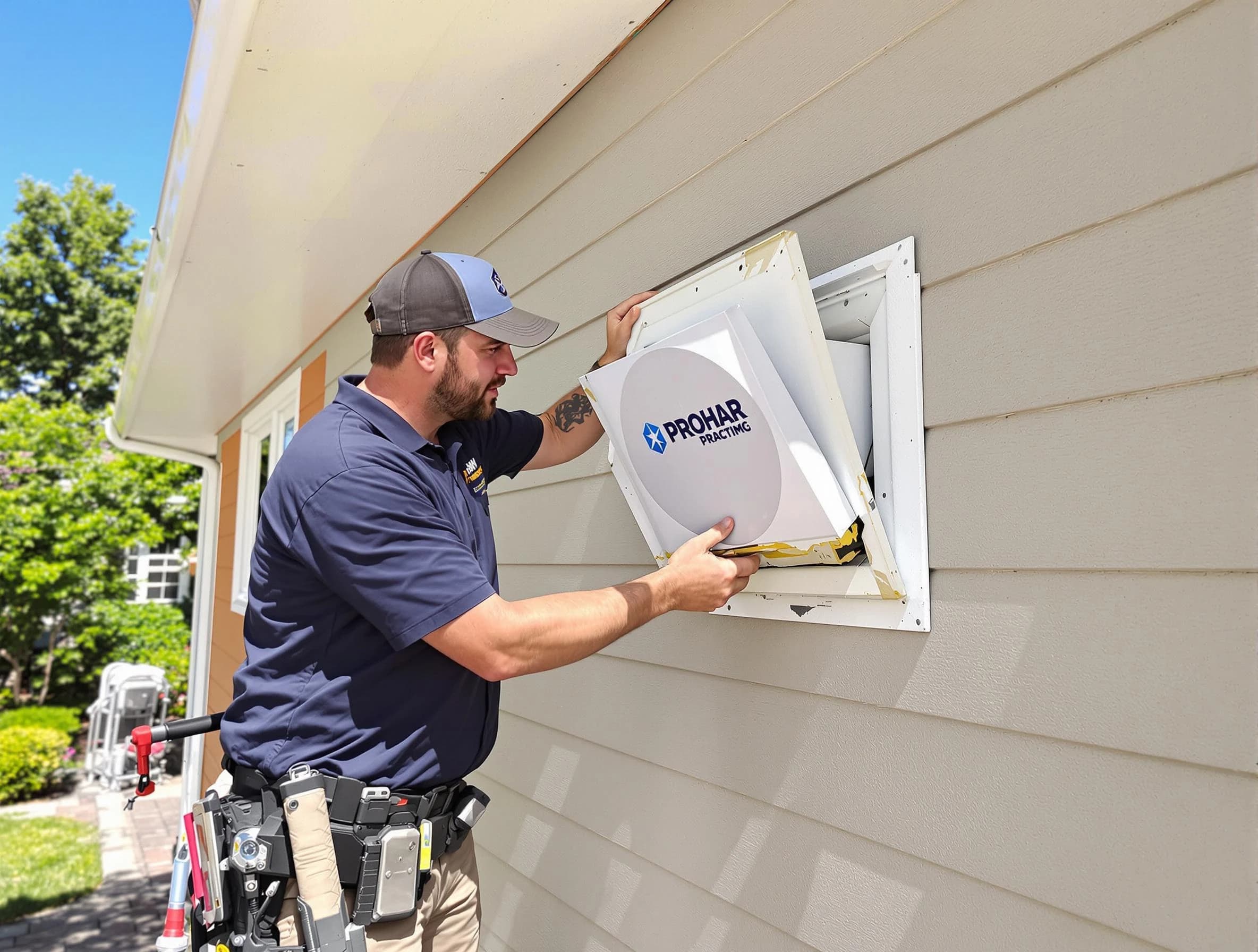 Sandy Dryer Vent Cleaning technician installing a new protective dryer vent cover on a home in Sandy