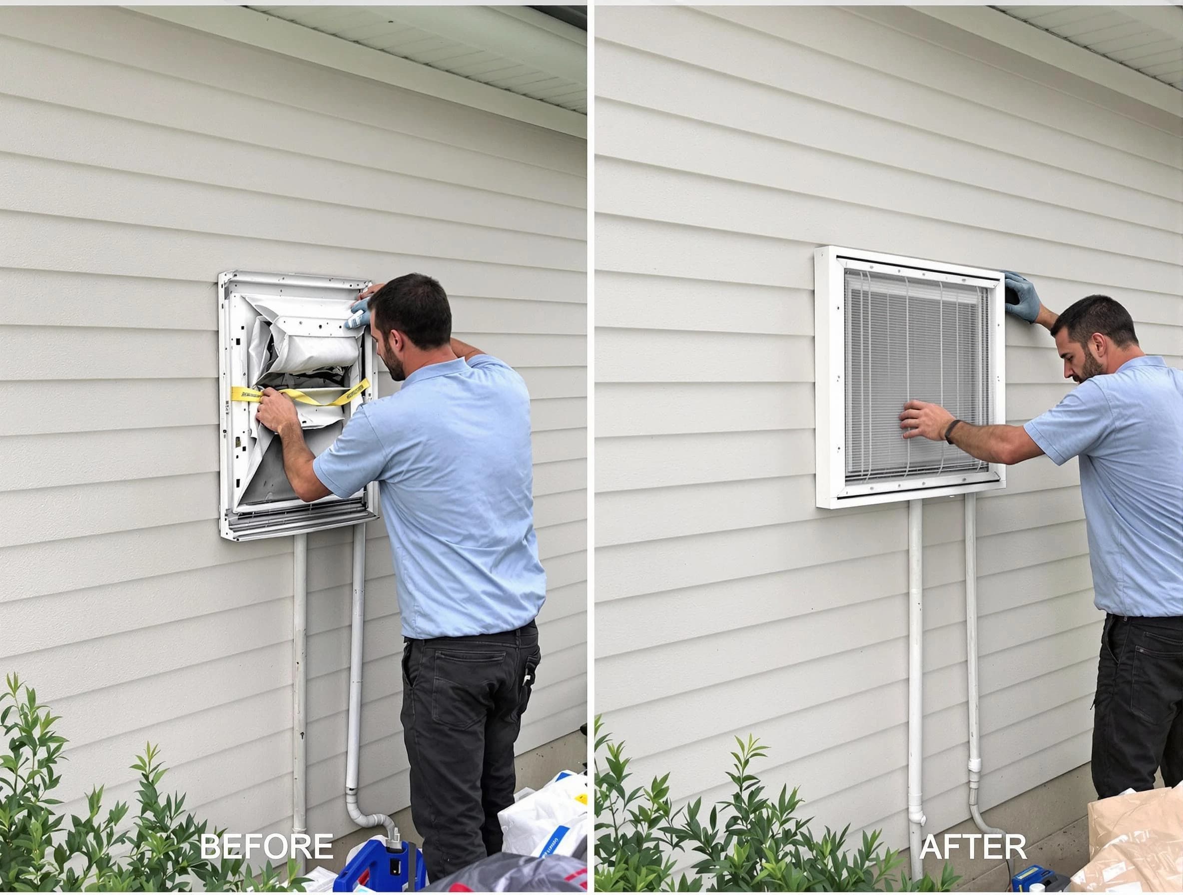 Sandy Dryer Vent Cleaning technician installing high-quality dryer vent cover at a residential property in Sandy