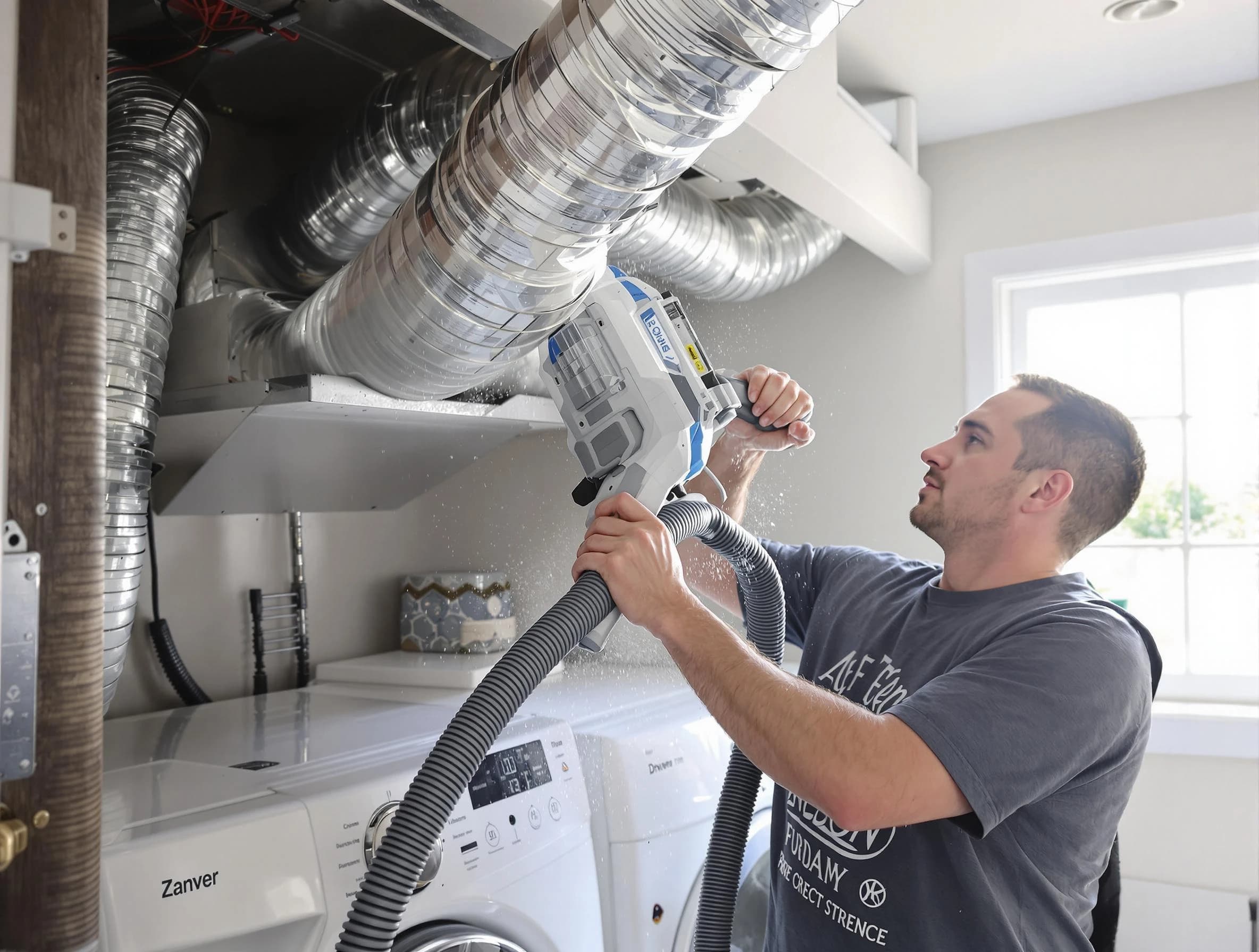 Sandy Dryer Vent Cleaning specialist cleaning deep within a dryer vent duct system in Sandy